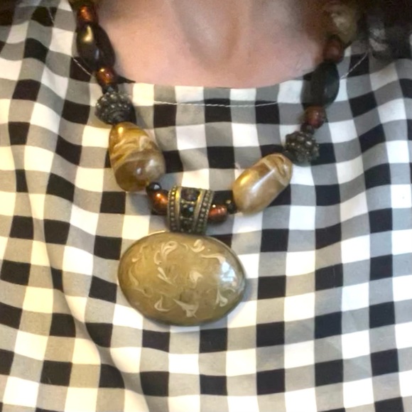 Chico’s vintage black & brown beaded, marble stone, glass pendant necklace - Picture 8 of 15